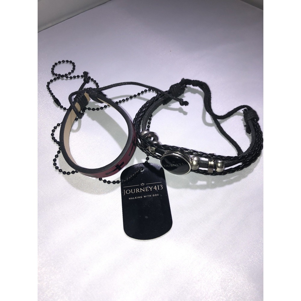 2 Piece Braided Bead And Leather Stacked Goth Bracelets 1 Dog Tag Necklace New